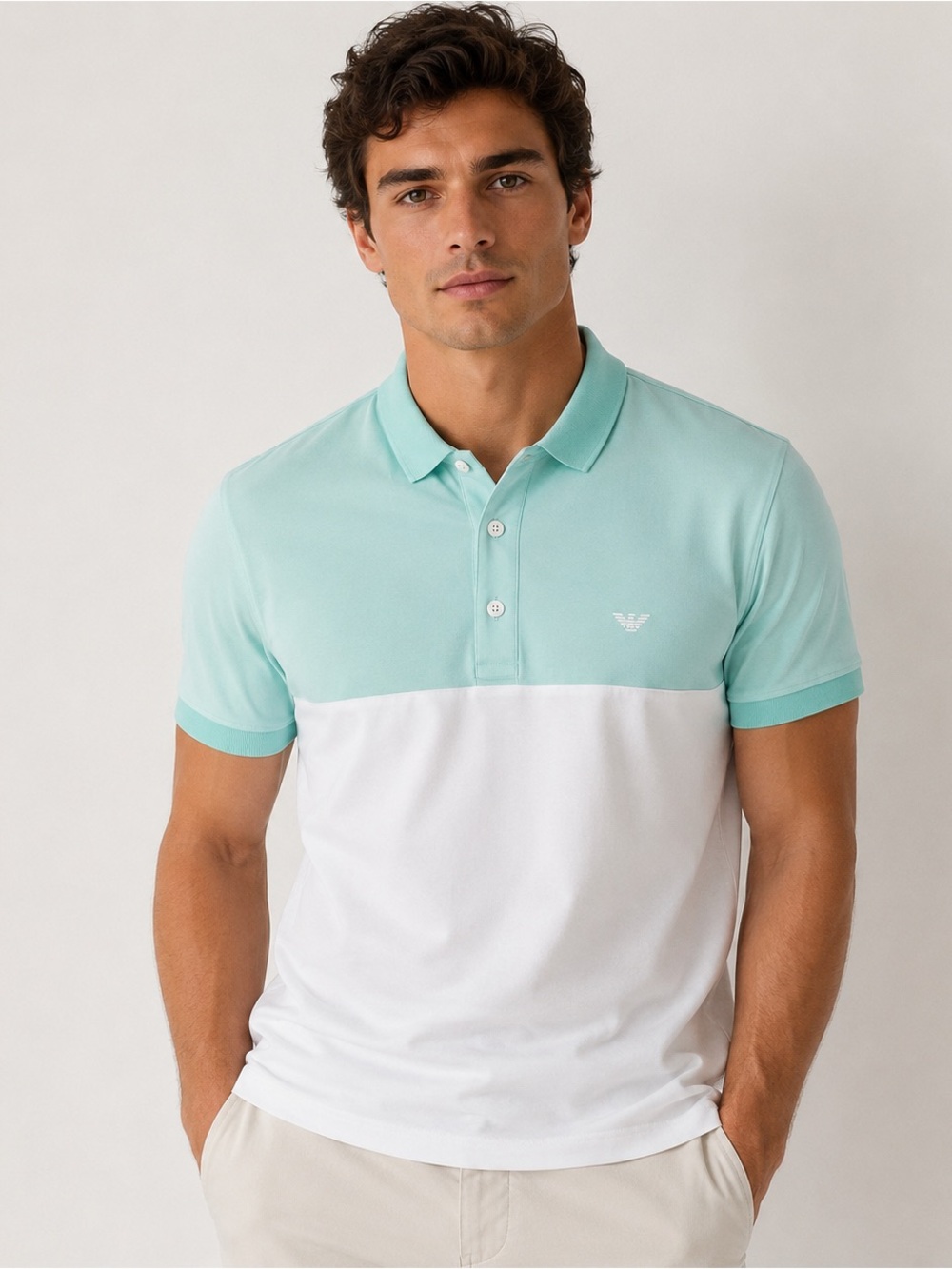 Giorgio Armani Mint & White Two-Tone Polo Shirt Size L 100% Cotton Designer